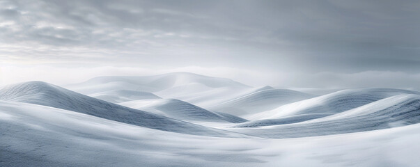 A panoramic landscape of rolling snow-covered hills under a heavy grey winter sky, the smooth curves of the hills detailed against a blurred, atmospheric backdrop. The overwhelming \