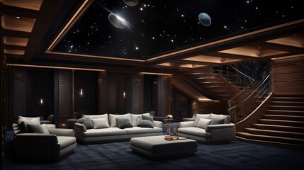 Plush home theater with tiered seating starry celestial ceiling and concealed entrance behind wood wall. - obrazy, fototapety, plakaty