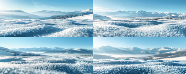 A panoramic view of a high alpine meadow under a blanket of snow, the detail of the snow surface crisp against a blurred backdrop of distant mountains  - obrazy, fototapety, plakaty