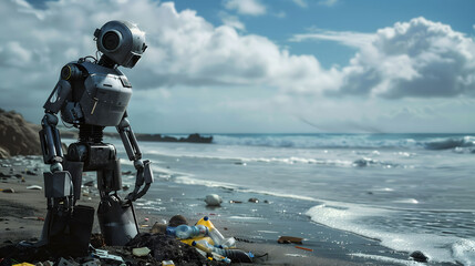 Tomorrow's Cleanup Crew: Human-like Robot Battles Plastic Pollution - obrazy, fototapety, plakaty