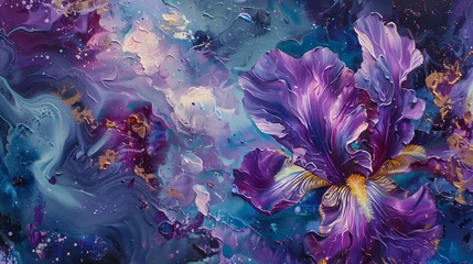 Tuinposter Within the depths of an infinite cosmos, the iris blooms like a celestial nebula, swirling with vibrant hues of azure, amethyst, and emerald. © Ayesha