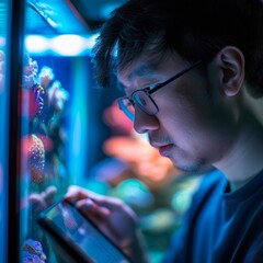 Focused Asian professional engaged with smart aquarium technology, analyzing data amidst urban city lights and technological connectivity