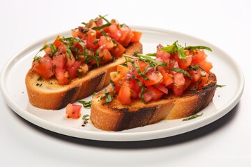 Delicious bruschetta on a rustic plate against a white background
