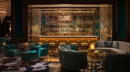 Posh art deco bar lounge with intricate tile mosaics geometric light fixtures and jewel-toned velvets.