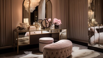 Posh dressing room with mirrored vanity plush chaise and glamorous decor.