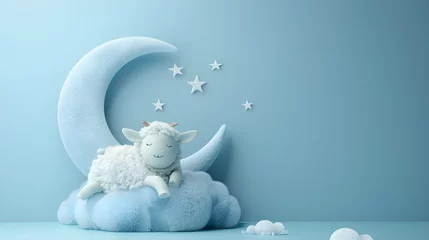 Fotobehang 3d moon and sheep on blue background, eid adha concept, surreal and peaceful atmosphere © NE97
