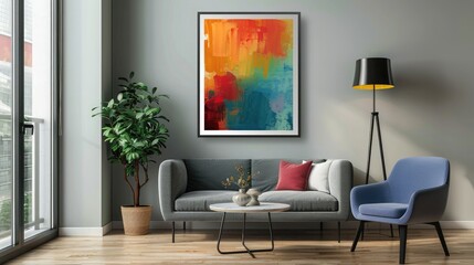A sleek, modern living room with a minimalist black frame mockup showcasing vibrant abstract art.