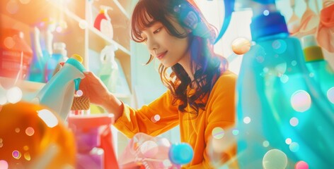 Bright and abstract setting of a young Asian woman engaging with colorful natural cleaning products in self-care ritual - obrazy, fototapety, plakaty