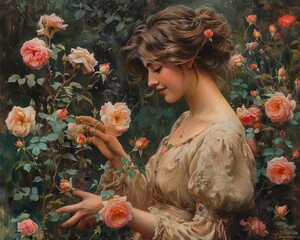 In the garden, a woman tenderly arranges roses, their vibrant blooms a testament to ornamental beauty