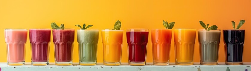Assorted fresh fruit juices in a row on a light background. Healthy beverages concept for restaurant menus and nutrition guides - obrazy, fototapety, plakaty