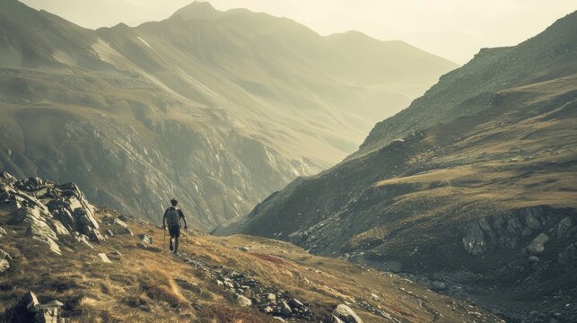 Solitary hiker embarking on a journey across the vastness of a mountain range, capturing the spirit of adventure