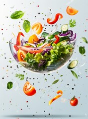 Levitating salad ingredients creating an abstract and appetizing visual, fresh vegetables in motion on a light background