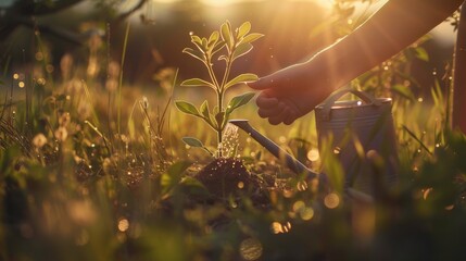 Sun-kissed hands nurturing a young sapling in a meadow, epitomizing the gentle touch of human care in nature's embrace - obrazy, fototapety, plakaty