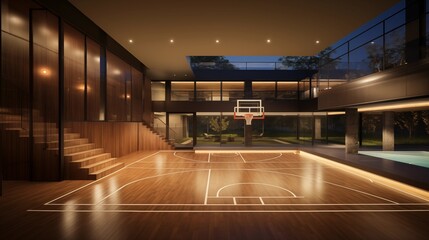 Private residential subterranean basketball court with illuminated courtlines wood playing surface tiered seating and glass viewing walls. - obrazy, fototapety, plakaty