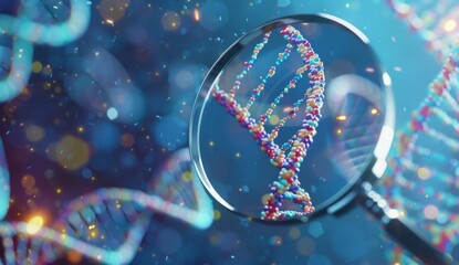 DNA under magnifying glass, blue background Generative AI - obrazy, fototapety, plakaty