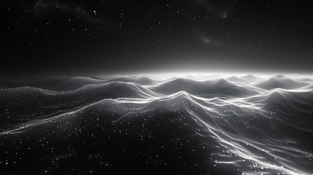 A black and white image of a vast ocean with a few stars in the background. AI.