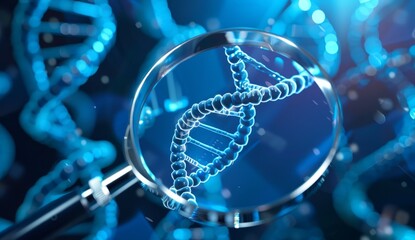 magnifying glass over double helix DNA blue background Generative AI - obrazy, fototapety, plakaty