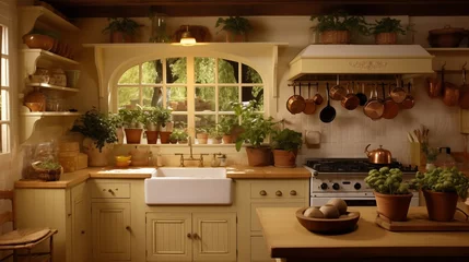 Fotobehang Quaint French country kitchen with apron-front sink and butcher block. © Aeman
