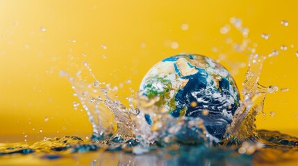 Global Aquatecture Concept: Water splash around Earth globe, depicting the essential role of water...