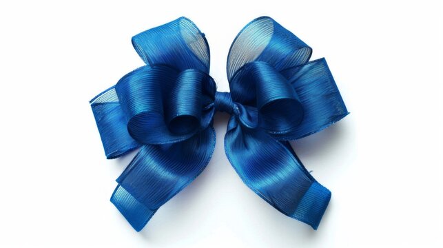 Blue gift bow on white background. Gift wrapping ribbon