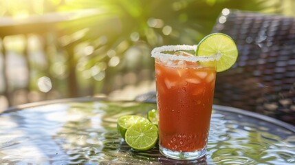 A chilled Michelada cocktail with tangy lime, served on a sunlit patio, invites a refreshing escape on a warm day.
