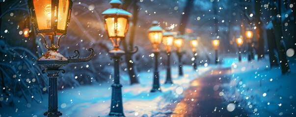 A row of antique street lamps along a snowy path, soft light illuminating