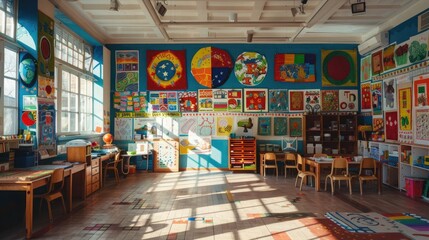 A mosaic of colorful educational posters adorning the walls of a bustling classroom, sparking inspiration in every glance. - obrazy, fototapety, plakaty