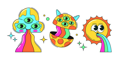 Psychedelic Stickers Sun And Cloud Vomiting With Rainbow. Vibrant, Colorful Adhesive Decals, Acid Colored Patches