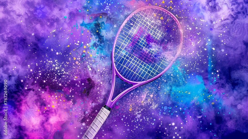 Poster create a futuristic digital illustration showcasing a high-tech tennis racket and ball equipped with