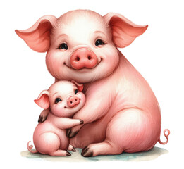 Little piglet baby and mother pig, sow in an embrace. Watercolor illustration