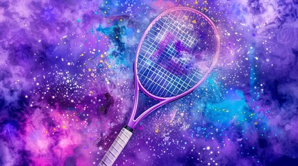 Create a futuristic digital illustration showcasing a high-tech tennis racket and ball equipped with advanced sensors and augmented