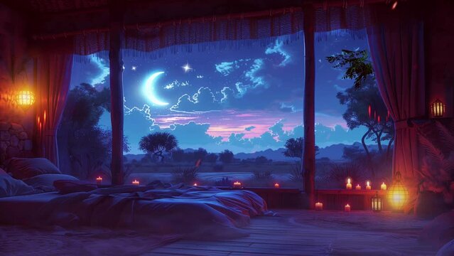 Ramadan decoration, Lantern and candle in bedroom, with nature view. seamless looping time-lapse video background