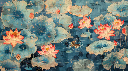 Traditional Asian lotus pond painting with vibrant flowers.
