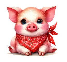 Happy satisfied pig, little piglet in a red bandana, isolated on a white background. Watercolor illustration