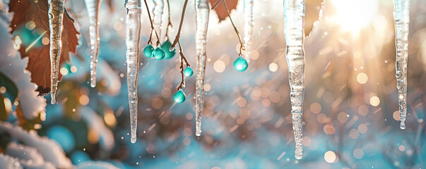 A series of icicles hanging from a branch, background a blur of snow-covered foliage and diffuse sunlight, with clear blurred areas - obrazy, fototapety, plakaty