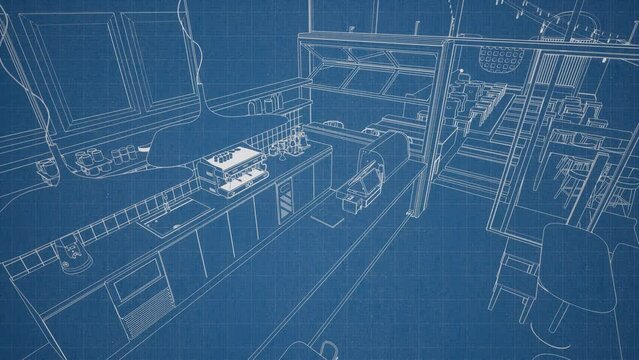 Boceto del interior de restaurante cafeter&iacute;a, v&iacute;deo de animaci&oacute;n 3d 4k 60fps
