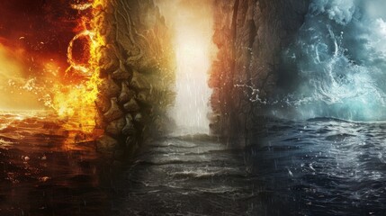 Fototapeta premium A dramatic and abstract portrayal of the four elements—earth, water, fire, and air—colliding in a powerful and dynamic composition.