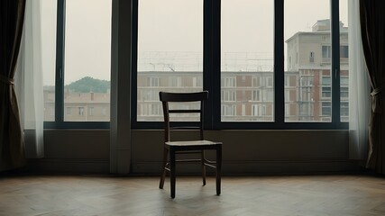 interior of a office. a chair sitting in front of a window in a room.