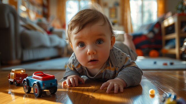 a baby boy playing with a Soft Car Toy in a living room wooden floor