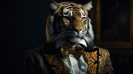 A tiger is wearing a suit and tie and is posing for a picture