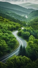 beautiful curve road in green forest aerial top view rain season