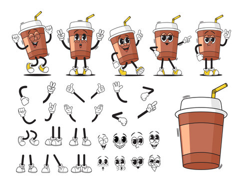 Cartoon Groovy Cup Of Hot Coffee or Tea Drink Character Creation Kit. Vector Collection Of Disposable Mugs Animation