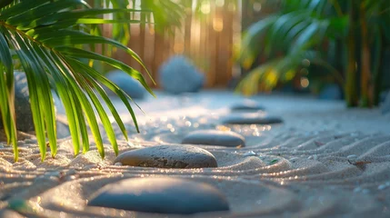 Poster Beach sand forms a serene Zen garden, with palm leaves swaying gently, a tranquil escape to nature's simplicity © Steveandfriend