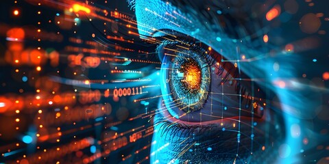 Futuristic digital eye data network cyber security technology background with virtual cyberspace internet surveillance and binary code. Concept Cybersecurity Technology, Digital Eye Data - obrazy, fototapety, plakaty