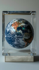 A clear glass box with a globe inside. The globe is a representation of the Earth. The box is made of clear plastic and is placed on a table