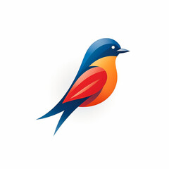 A colorful bird with a blue tail and orange wings. The bird is perched on a white background