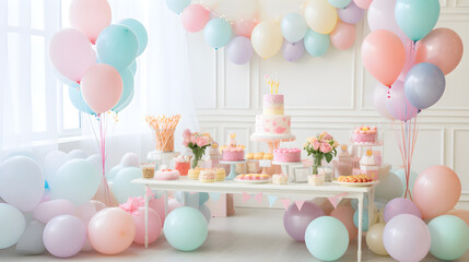 Delightful Birthday Setup with Pastel Balloons, Sparkling Banner and A Cheerfully Decorated Table: A Perfect Child's Celebration Space
