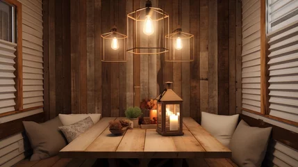 Foto op Canvas Rustic barnwood eating nook with shiplap walls antique chicken wire doors industrial pendants and vintage pine farm table. © Aeman
