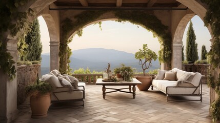 Romantic Tuscan-inspired loggia with stone arches ivy covered pergola and countryside views beyond. - obrazy, fototapety, plakaty