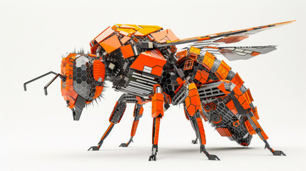 A robot bee with a metal body and orange wings. The bee is standing on a white background